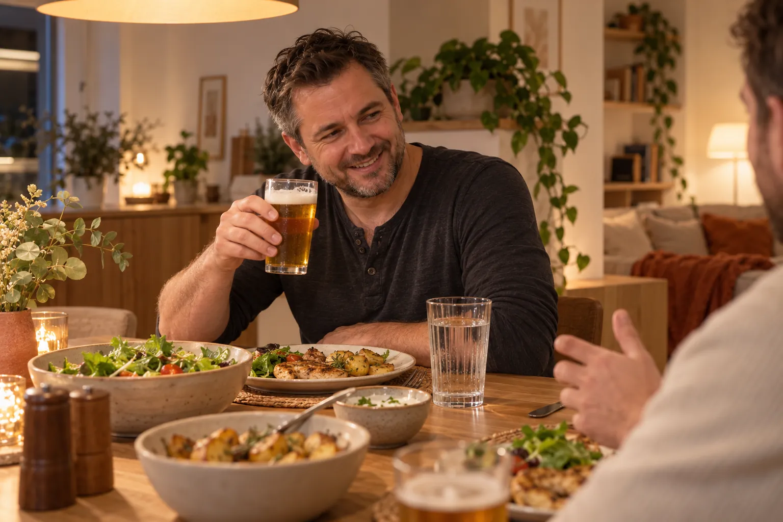 Muž s kamarádem u večeře, na stole pivo, voda, kuře a salát