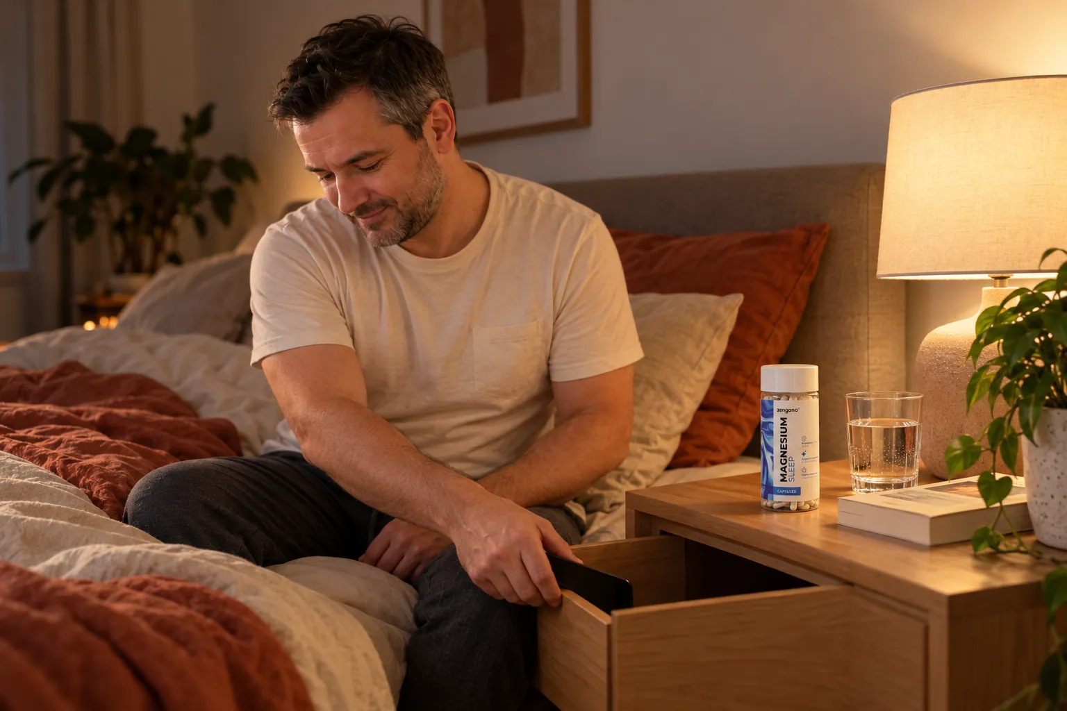 Muž večer dává telefon do šuplíku nočního stolku, na stolku stojí Magnesium Sleep a sklenice vody