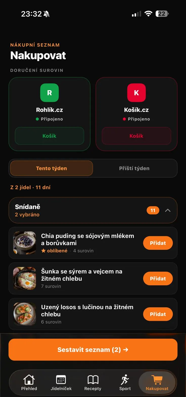 Obrazovka Nakupovat: Rohlík.cz a Košík.cz vedle sebe