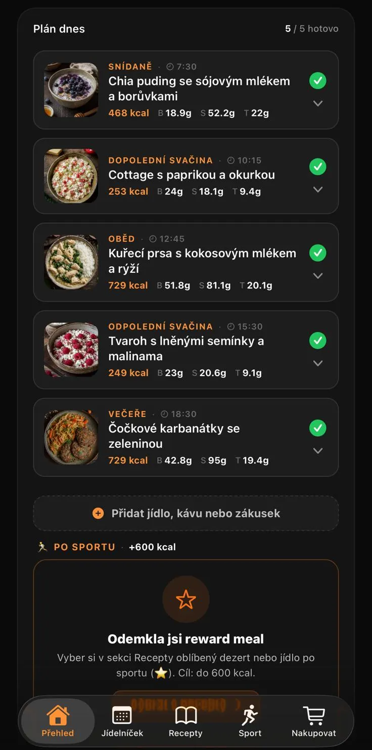 Obrazovka Plán dnes v aplikaci Zpět do formy