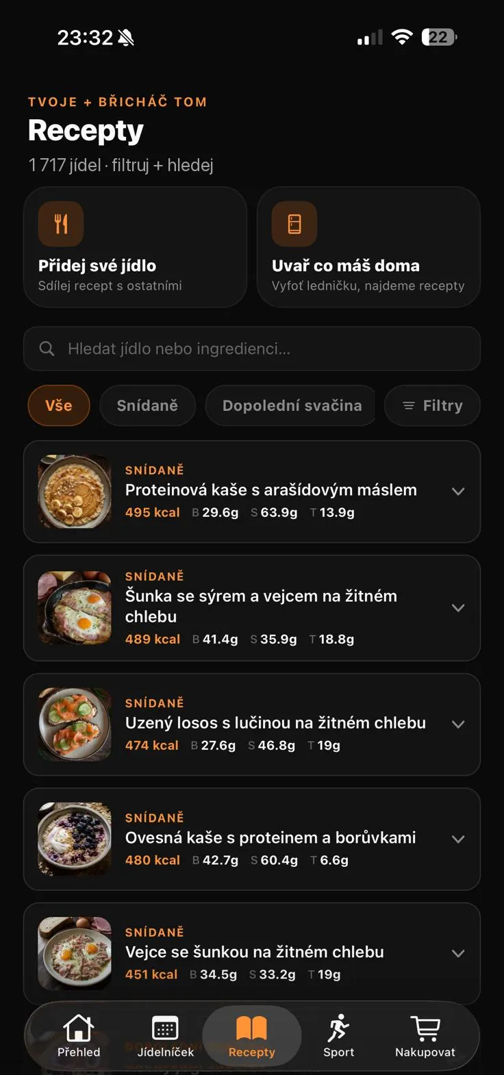 Obrazovka Recepty: hledání, filtry a makra u každého jídla