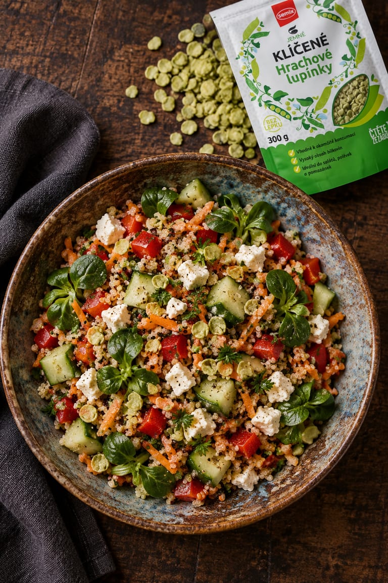 Barevný quinoa salát s hrachovými lupínky a fetou