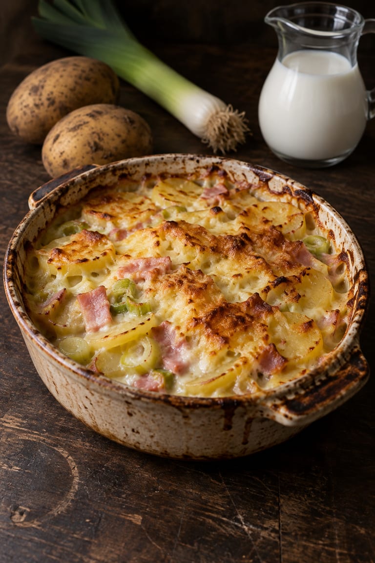 Bramborový gratin s pórkem a šunkou