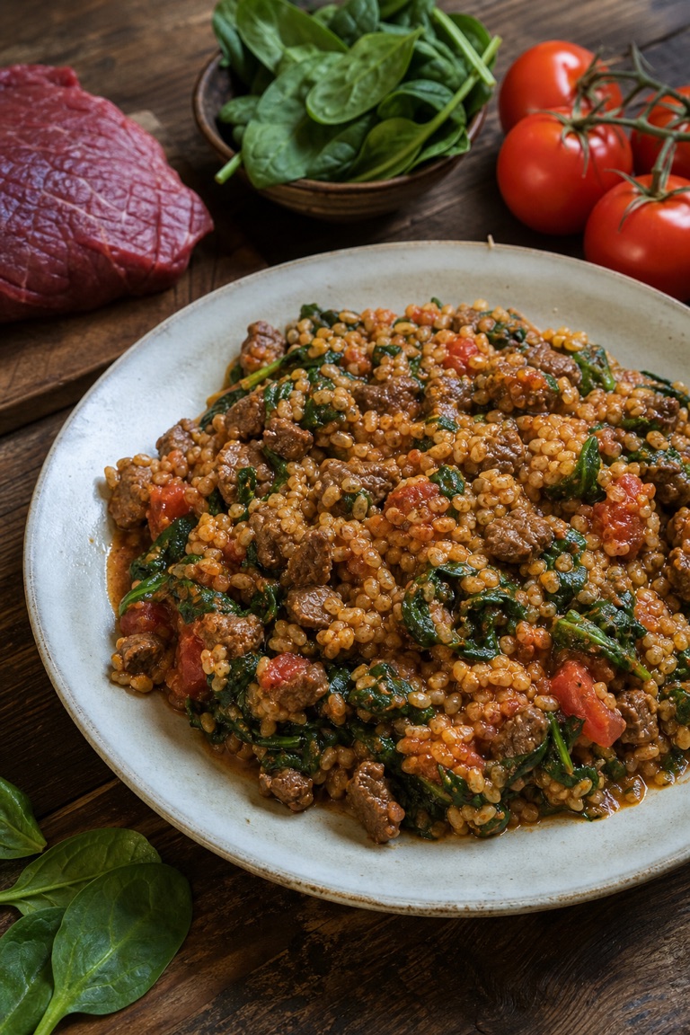 Bulgur s hovězím a špenátem