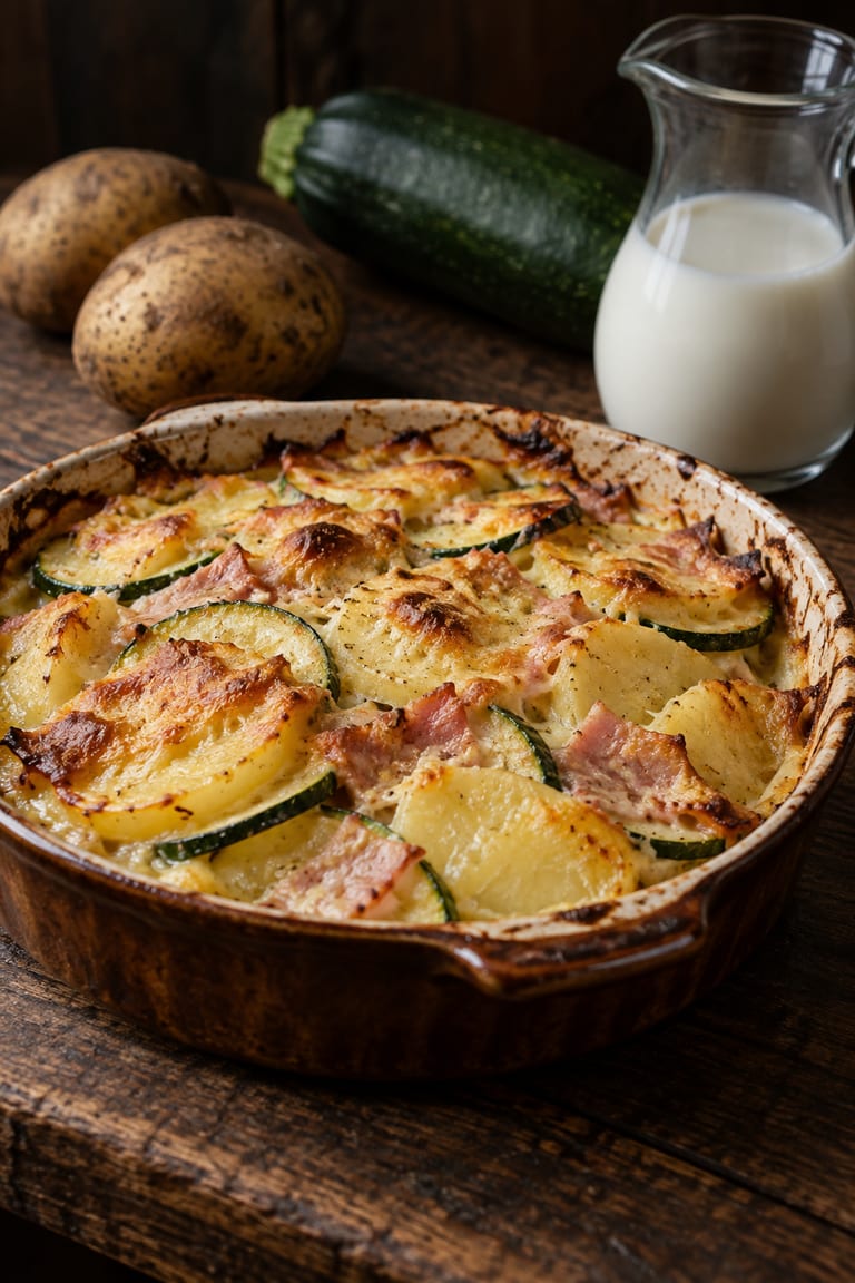 Gratin z brambor, cukety a šunky