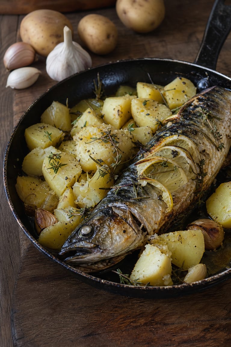 Makrela pečená s citronem a bylinkami, vařený brambor