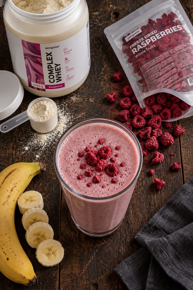 Malinový proteinový shake s banánem a lyofilizovanými malinami