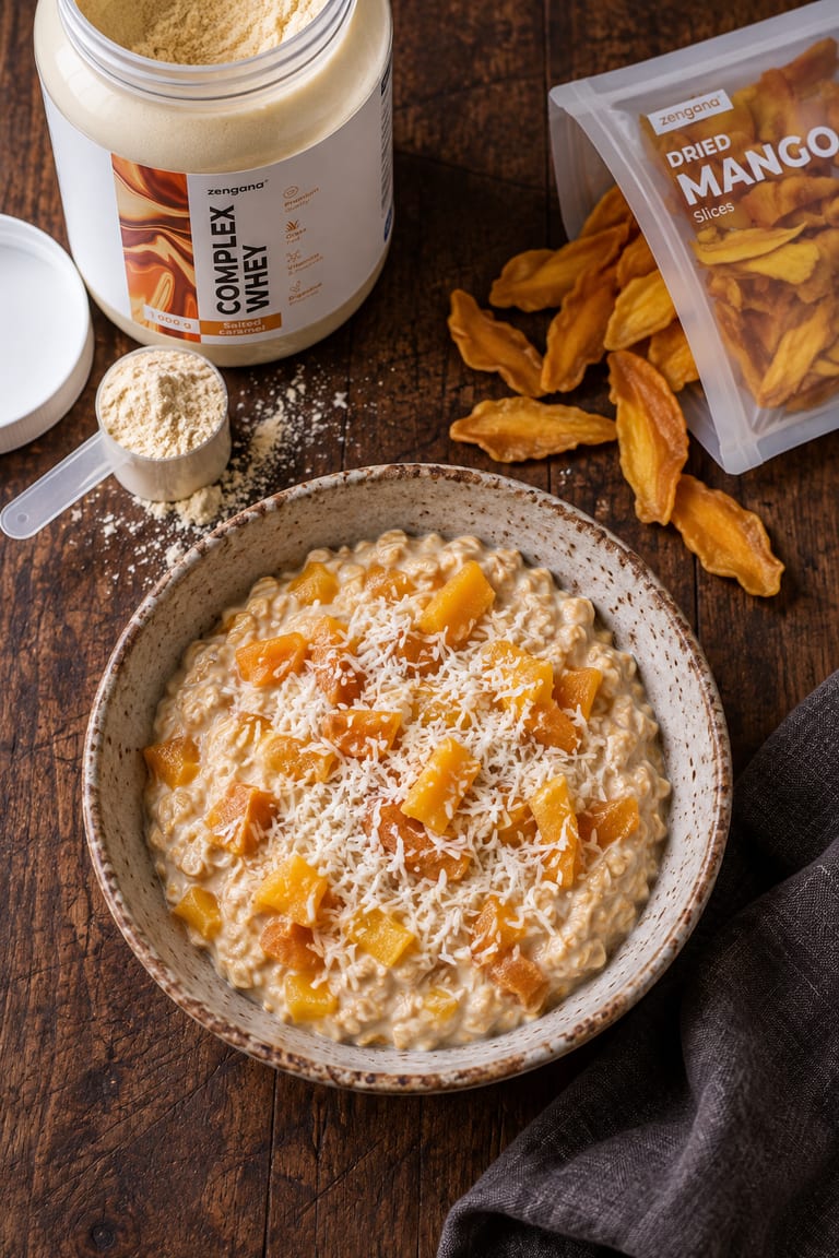 Mangové overnight oats s kokosem a karamelovým proteinem