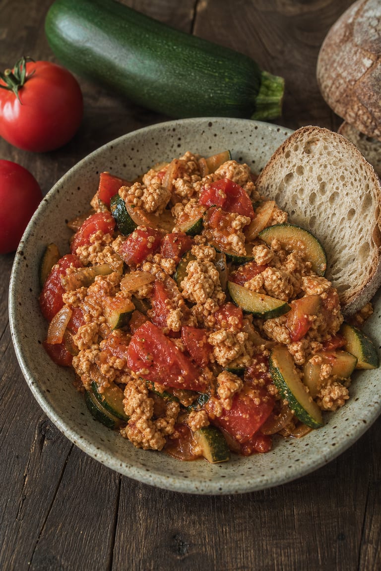 Míchané tofu s cuketou a rajčaty na chlebu