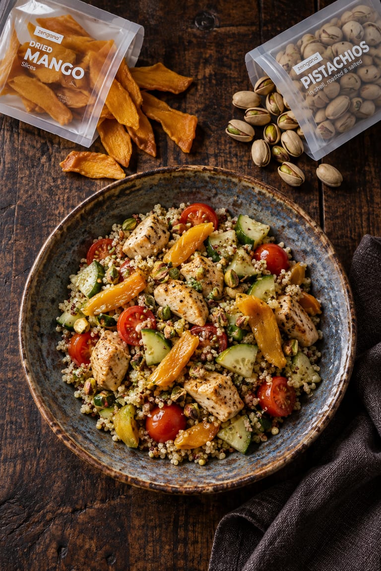 Quinoa salát s kuřecím, mangem a pistáciemi