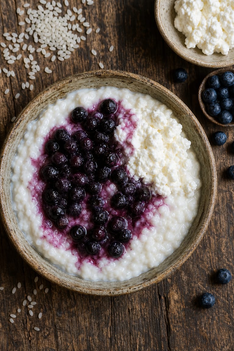 Rýžová kaše s tvarohem a borůvkami