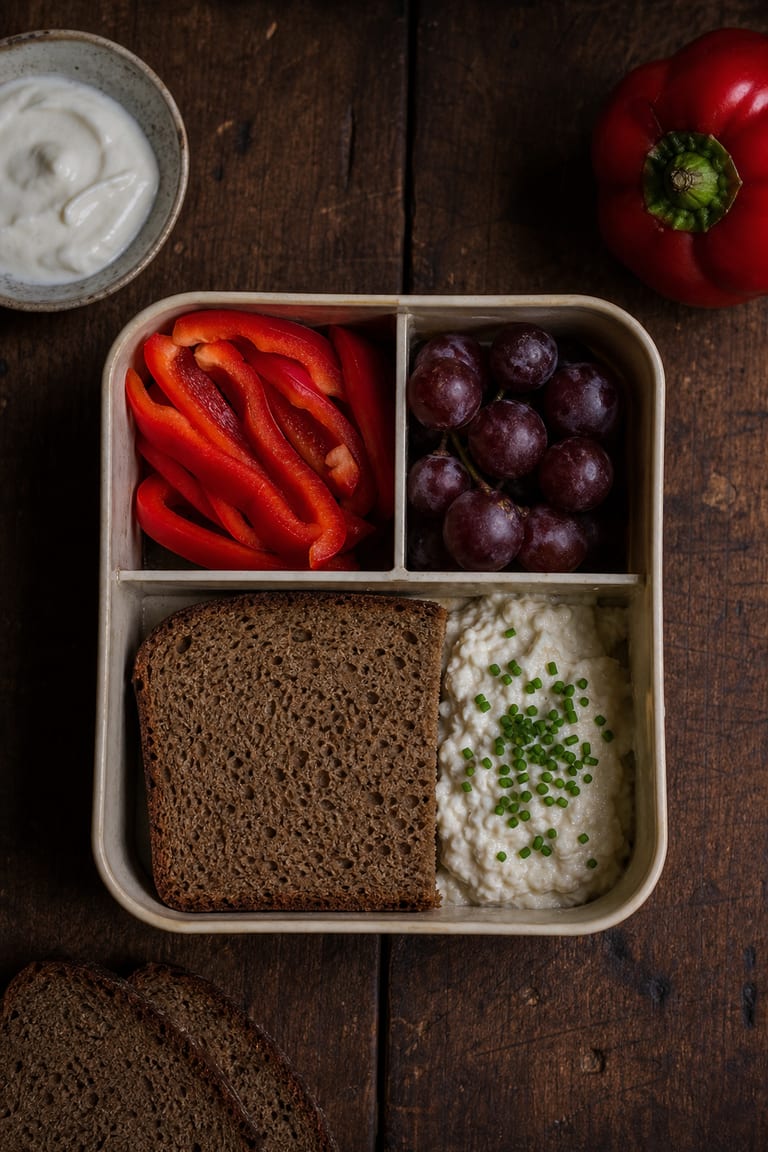 Svačinový box: chleba s bryndzovou pomazánkou, paprika a hroznové víno