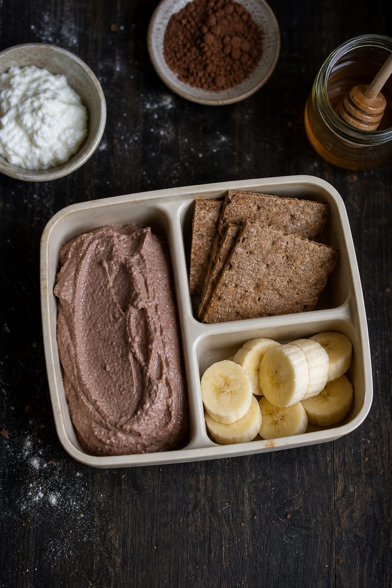 Svačinový box: knäckebrot s kakaovým tvarohem a banán