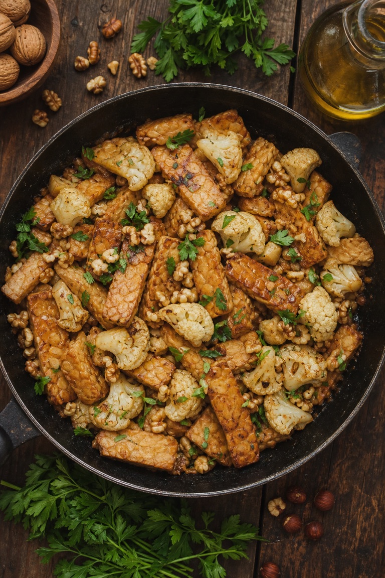 Tempeh na pánvi s květákem a ořechy