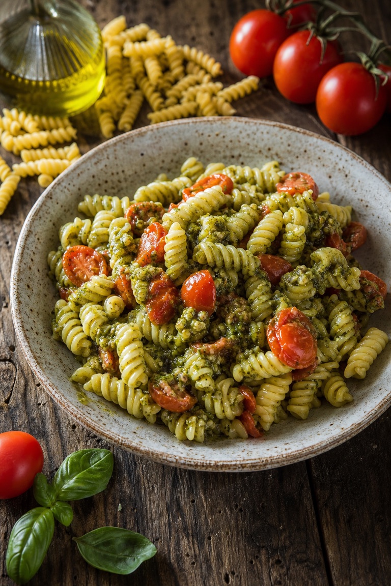 Těstoviny s pesto a rajčaty