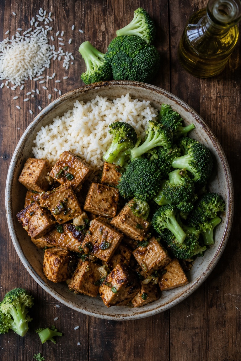 Tofu marinované s rýží a brokolicí