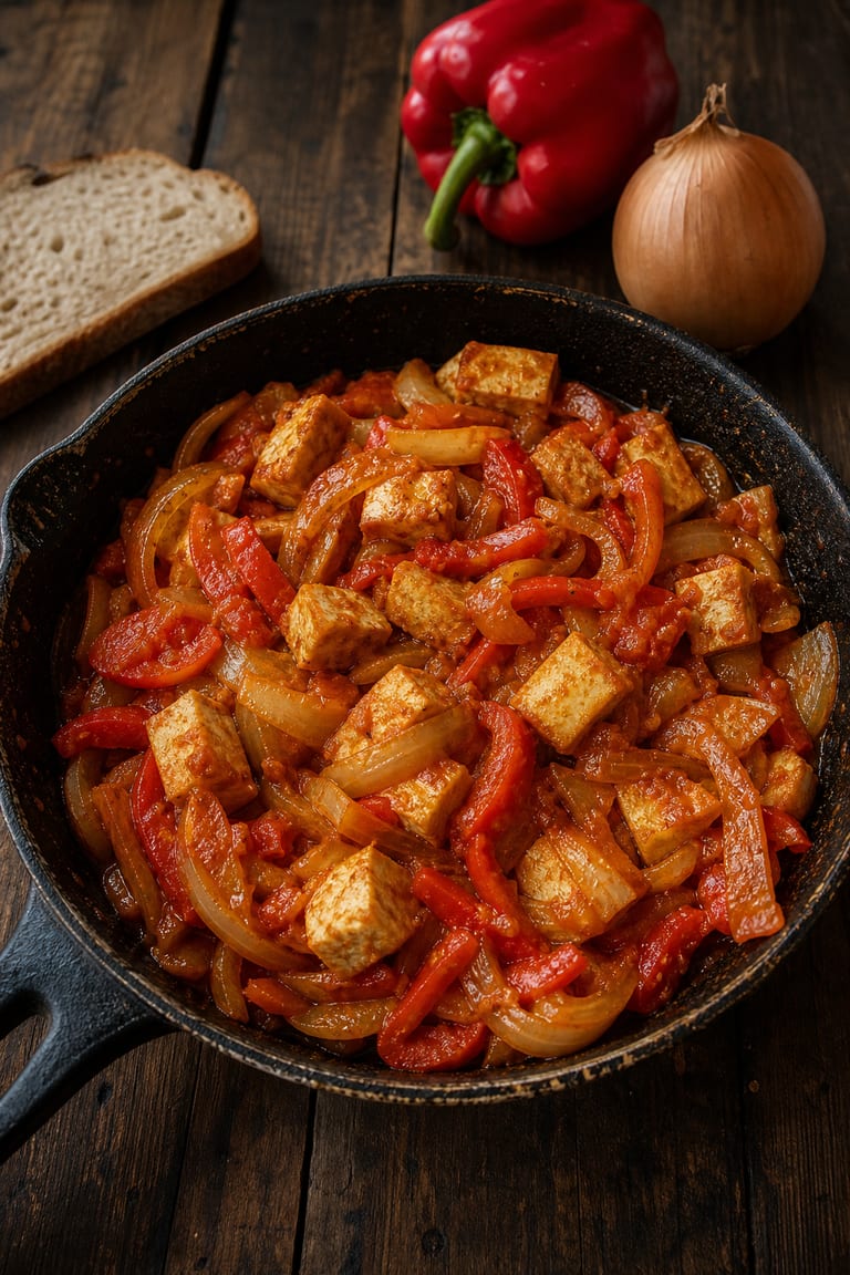 Tofu s paprikou a cibulí na chlebu