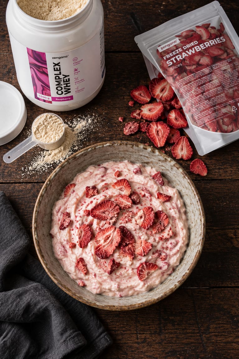 Tvarohový proteinový pudink s lyofilizovanými jahodami