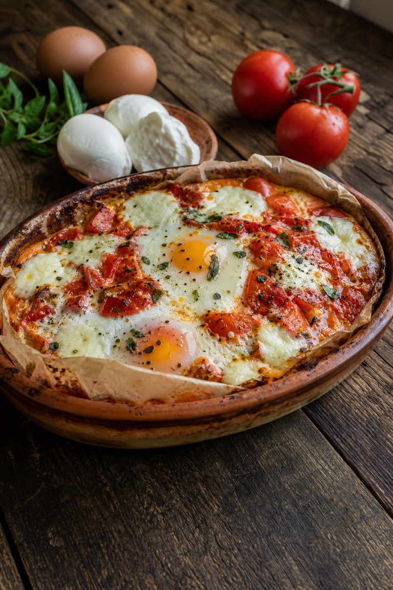 Vejce zapečená s rajčaty a mozzarellou